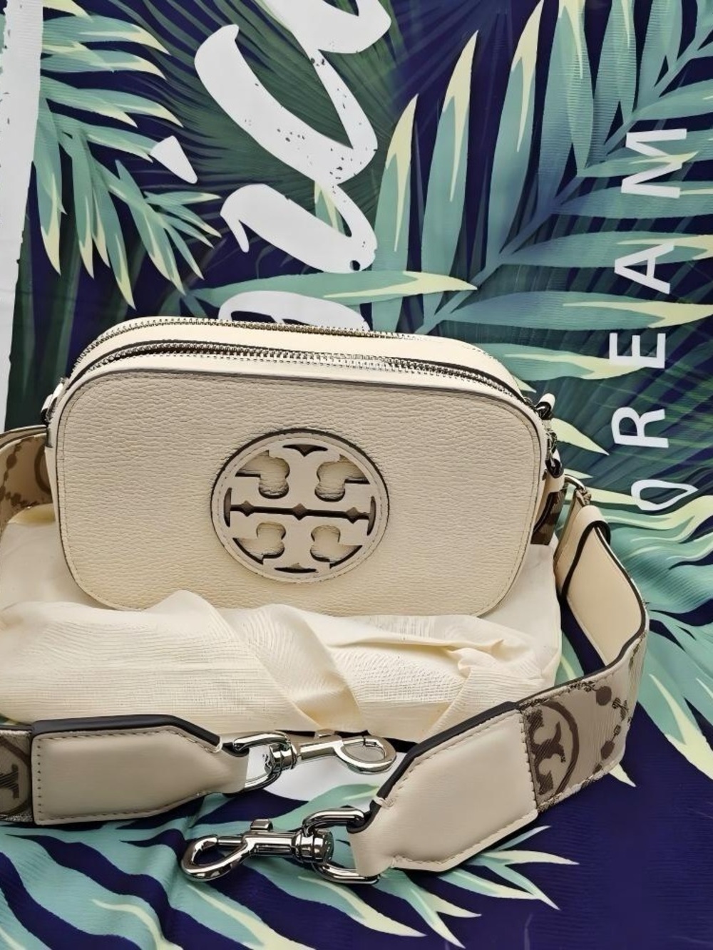 Cream Crossbody Camera Bag with Signature Medallion Accent